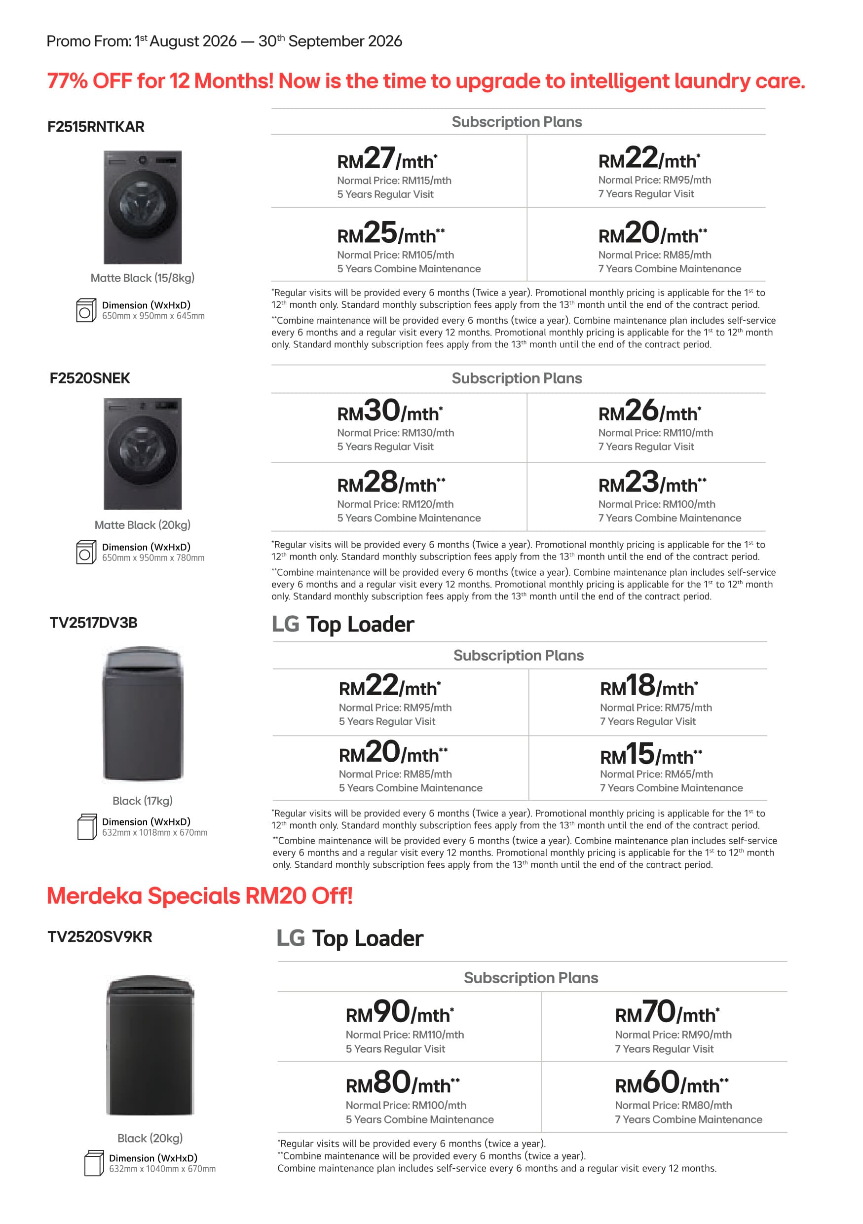 LG Washer & Dryer Price Matrix - F2515RNTKAR, F2520SNEK, TV2517DV3B, TV2520SV9KR