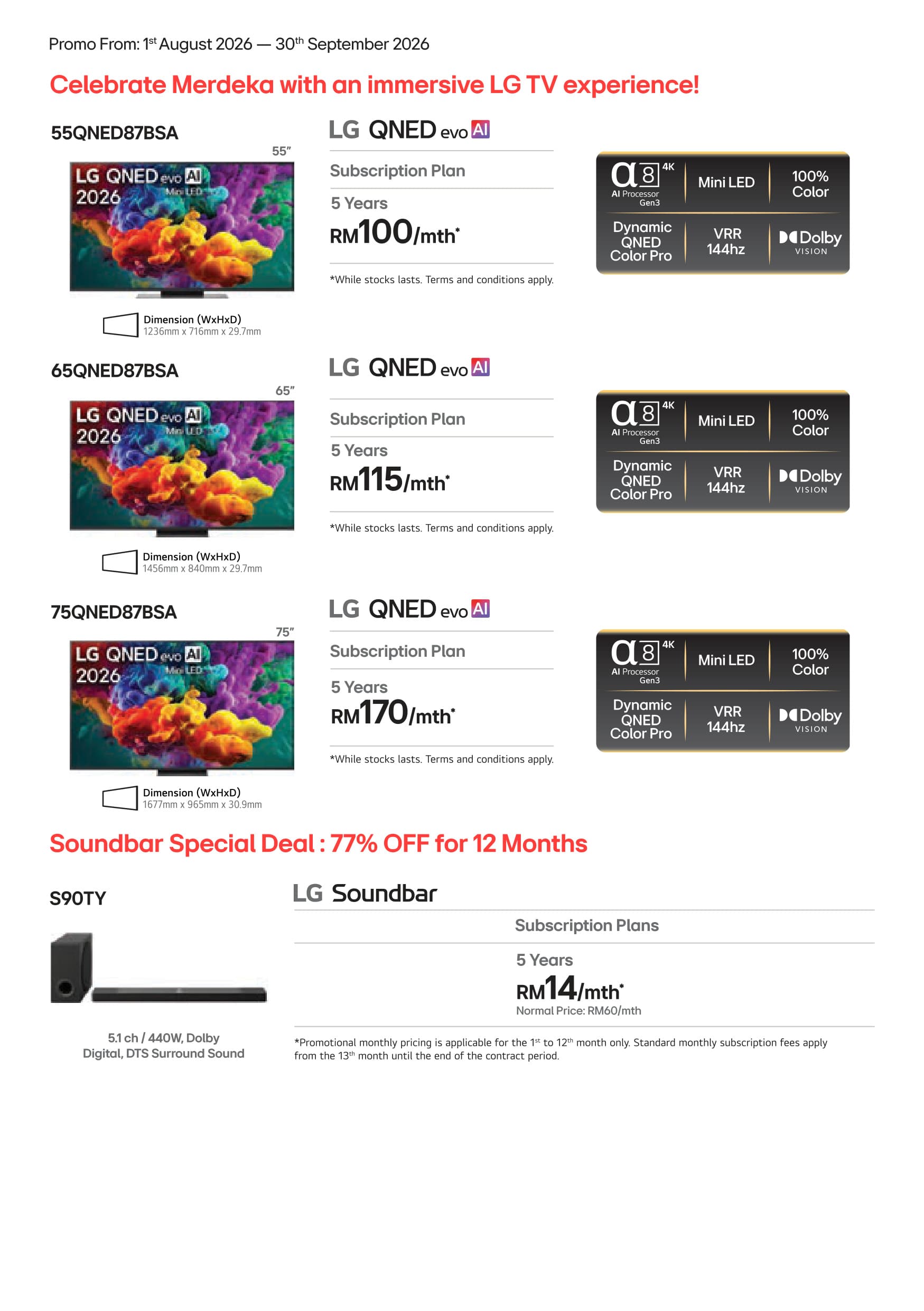 LG QNED evo AI TVs & S90TY Dolby Atmos Soundbar from RM14/month