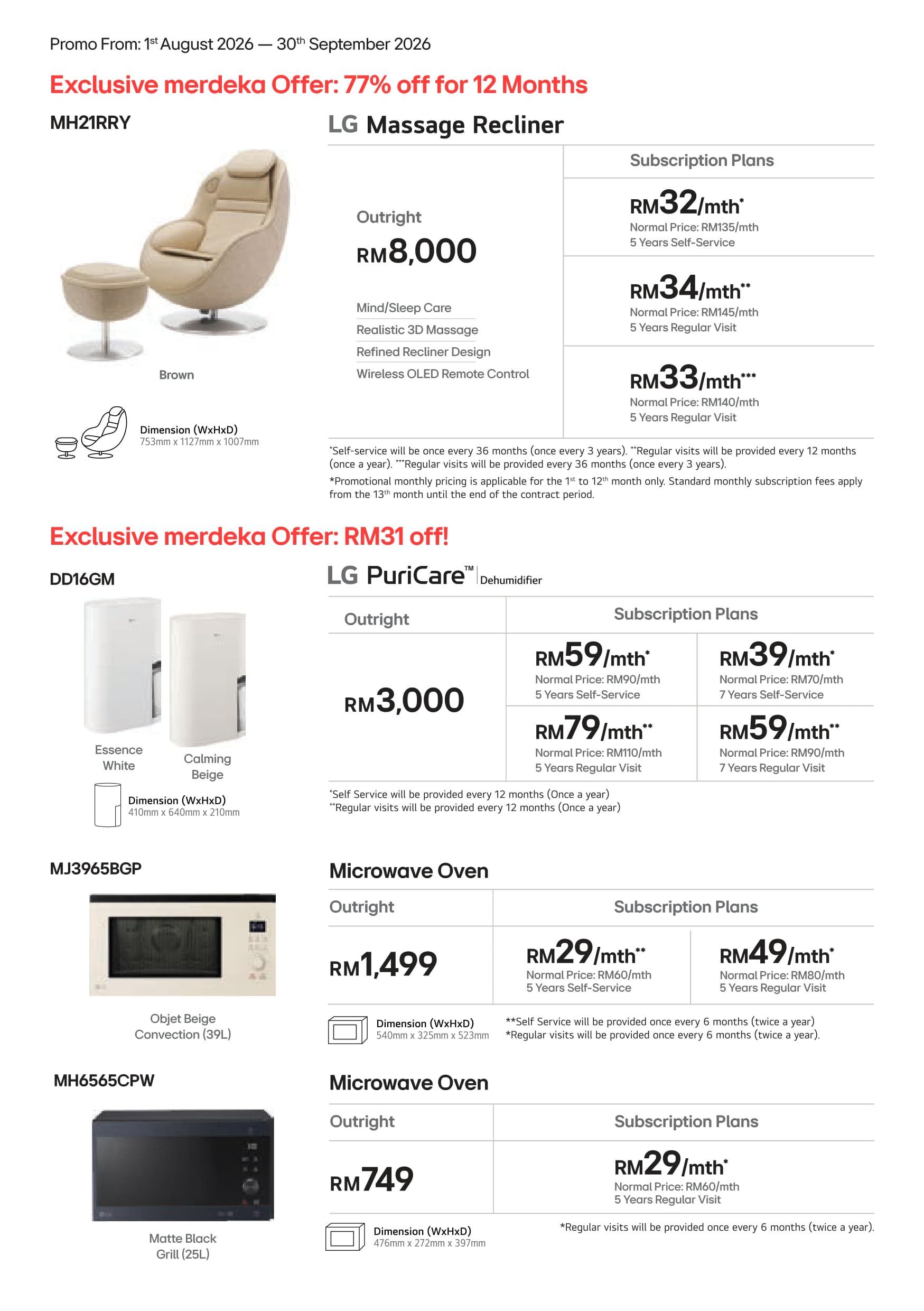LG Massage Recliner (RM32/mth), PuriCare Dehumidifier (RM39/mth) & Microwave (RM29/mth)